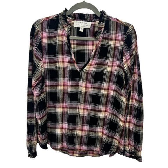 Cloth & Stone for Anthropologie Long Sleeve Plaid Top Ruffle V-Neck, Size Small - Picture 1 of 7